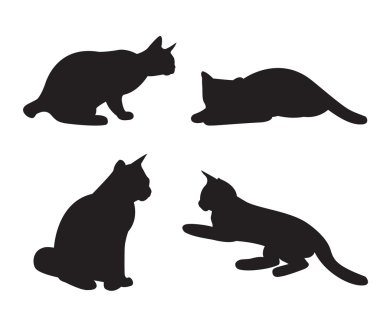 Beyaz bir arka plan üzerinde siluetleri izole kedi kümesi.