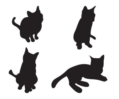 Beyaz bir arka plan üzerinde siluetleri izole kedi kümesi.