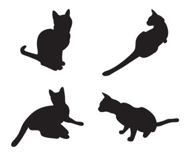Beyaz bir arka plan üzerinde siluetleri izole kedi kümesi.