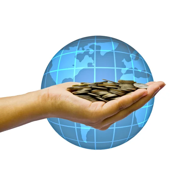Global business concept. Hand and coins over globe. — Stock Photo, Image