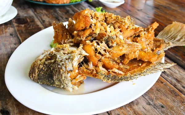 Ikan goreng di piring putih . — Stok Foto