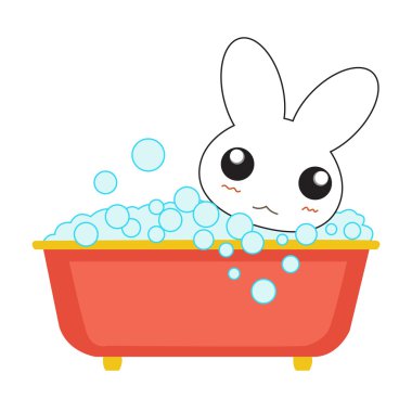 Sevimli çizgi tavşan kız bir banyoda. Vektör çizim.