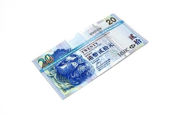 20 Hong Kong dollar bank note. Hong Kong dollar is the national 