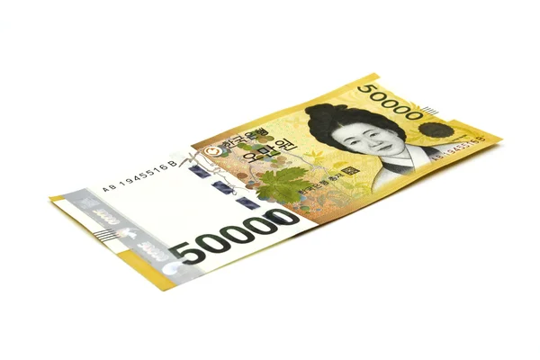 Koreanische Won-Banknoten isoliert auf weißem Hintergrund. — Stockfoto