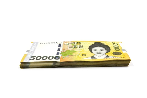 Corea ganó billetes de moneda aislados sobre fondo blanco. — Foto de Stock