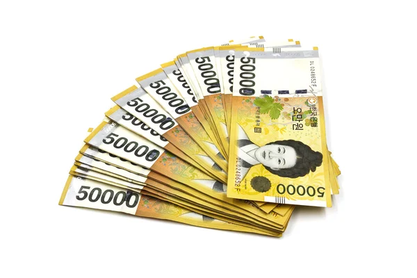 Koreaanse Won valuta rekeningen geïsoleerd op witte achtergrond. — Stockfoto