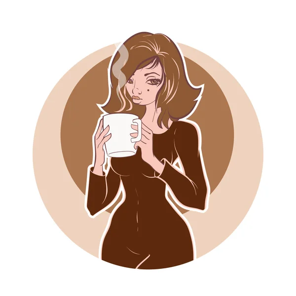 Mladá žena drží šálek kávy nebo čaje. Vintage kávy ilustrace — Stockový vektor