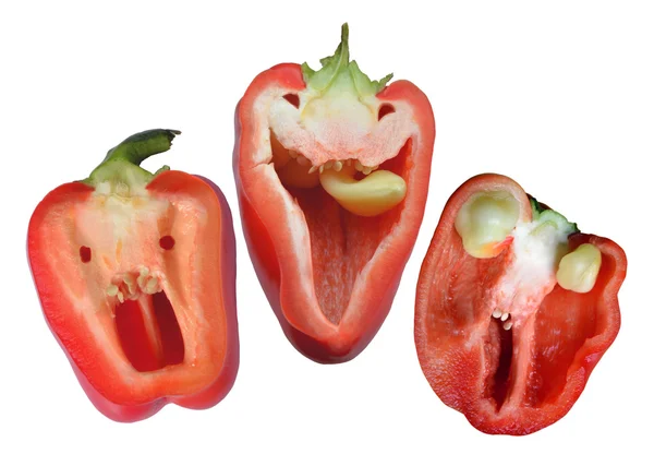 Три красных забавных перца готовы к Хэллоуину — стоковое фото