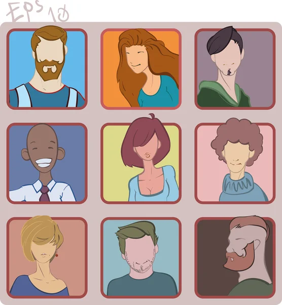 Icono de carácter plano o conjunto de avatar. Icono de avatar de los jóvenes con estilo. Hombre, mujer. Estilo y corte de pelo diferentes. Ilustración vectorial. eps10 — Vector de stock