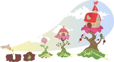 Vektör görüntü, bir çiçek üzerinde büyüyen evler. Artan yatırımlar ve fiyat