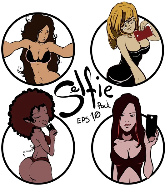 Multi ethnique sexy filles selfie pack . — Image vectorielle