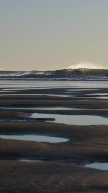 Boş Pasifik kıyı şeridi, ıslak kum ve uzak dalgalarla alçak gelgitte ele geçirildi. Huzurlu kıyı manzarası Oregon sahilinde doğal desenleri ve geniş açık alanı vurguluyor..