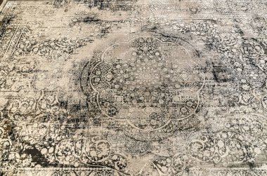 Halı dokusu, soyut süs. Yuvarlak mandala deseni, Orta Doğu geleneksel halı dokusu. Turkuaz sütlü mavi gri kahverengi sarı renkli