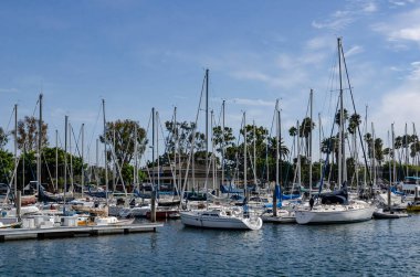 Yelkenliler Los Angeles 'taki Marina del Rey Limanı' na yanaştı Mavi Gök altında dramatik bulutlarla.