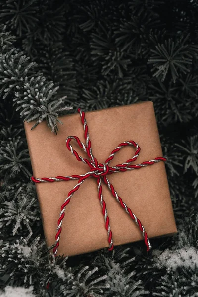 Coffret Cadeau Noël Sur Fond Branches Sapin Saison Hiver Gros — Photo