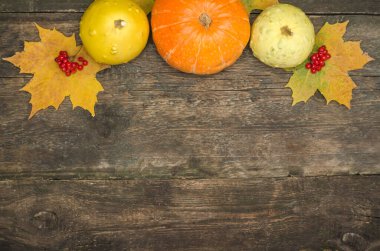 Metinler, balkabakları ve sonbahar yaprakları için sonbahar arka planı fotokopi alanı olan eski bir ahşap zemin üzerinde. Şükran Günü, Cadılar Bayramı