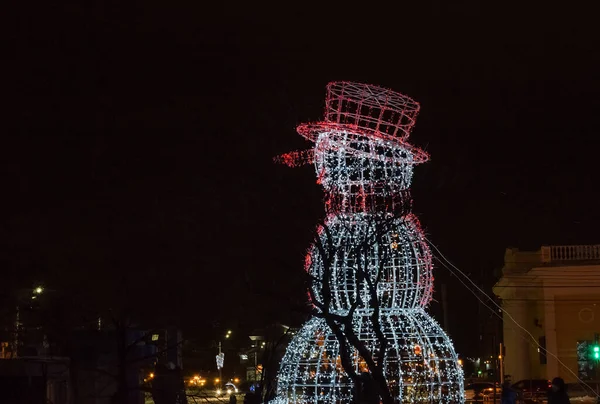 Snowman Made Glowing Garlands Street Night Christmas New Year Street — Stock Photo, Image