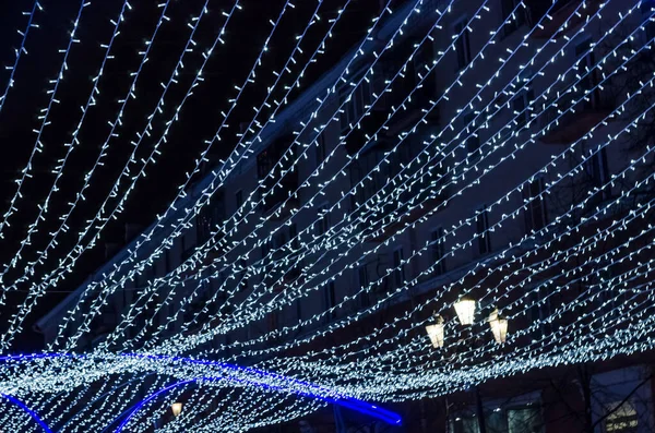 Festive Decoration Streets Glowing Garlands Christmas New Year Night Walks — Stock Photo, Image