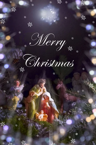Christmas Card Figures Jesus Virgin Mary Joseph Dark Background Inscription — Stock Photo, Image