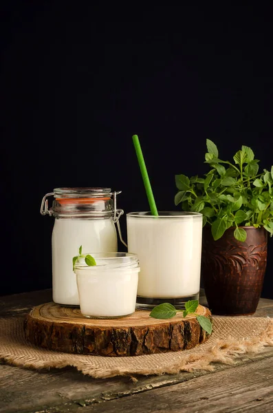 Mayalanmış Süt Ürünleri Yoğurt Kefir Ahşap Bir Bardakta Fotokopi Alanı — Stok fotoğraf