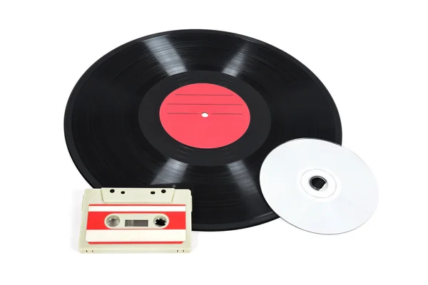 Musik lagring anordningen - vinylskiva, analog kassett och Cd — Stockfoto