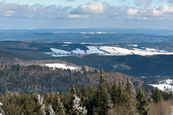 波兰Krynica Zdroj附近Beski Sadecki山脉冬季景观及树梢观测塔 — 图库照片
