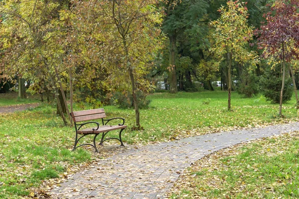 Pusta Ławka Parku Jesienny Dzień — Zdjęcie stockowe