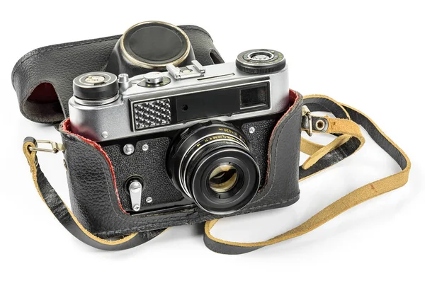 Vintage Analogkamera Lederetui Auf Weißem Hintergrund Mit Clipping Pfad — Stockfoto