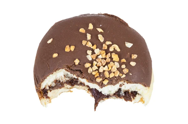 Partially eaten chocolate donut on white background — Stock Photo, Image