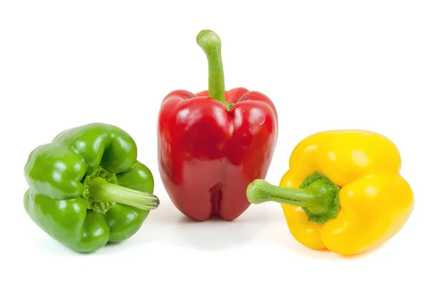 Tre peperoni colorati su sfondo bianco — Foto Stock