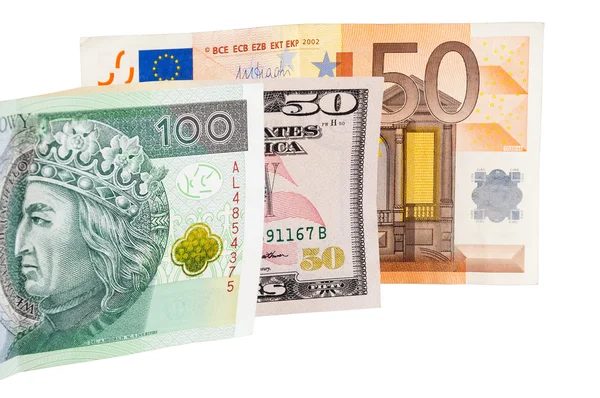 Dollarnoten Euro und polnischer Zloty — Stockfoto