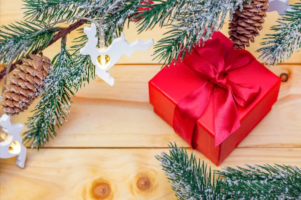 Composición Navidad Con Caja Regalo Decoraciones Feliz Navidad Enfoque Suave — Foto de Stock