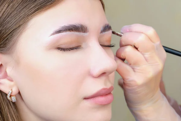 Eyebrow coloring. Woman applying brow tint with makeup brush closeup. Eyebrow care