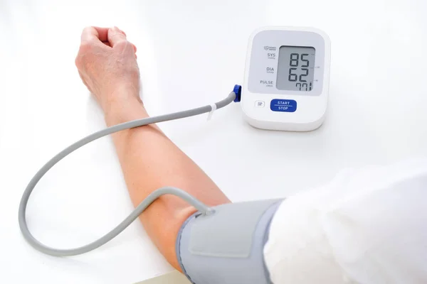 Adult Woman Measures Blood Pressure White Background Arterial Hypotension Stock Picture