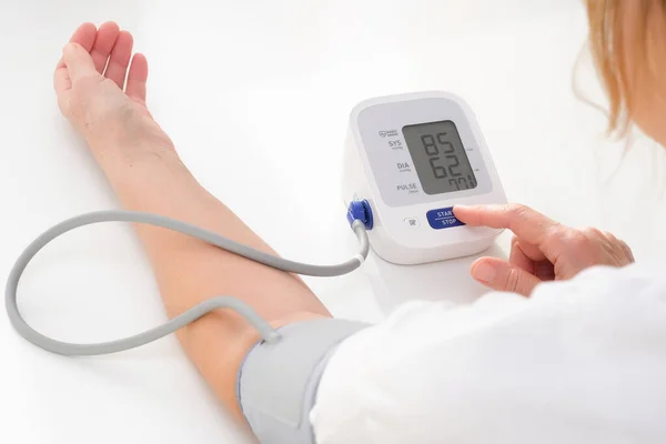 Adult Woman Measures Blood Pressure White Background Arterial Hypotension Stock Image