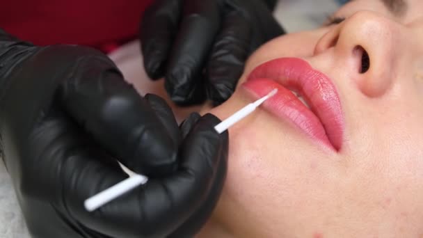 Lábios Hidratantes Após Procedimentos Close Maquiagem Labial Permanente Tatuagem Labial — Vídeo de Stock