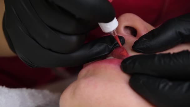 Close Maquiagem Lábio Permanente Tatuagem Labial Lindos Lábios — Vídeo de Stock