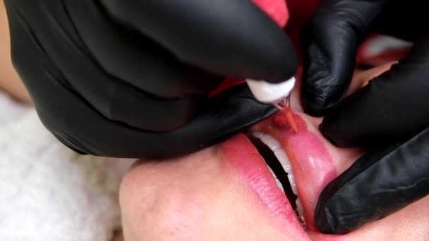 Zamknij Makijaż Stałe Tatuaż Ust Piękne Usta Zwolniony Ruch — Wideo stockowe