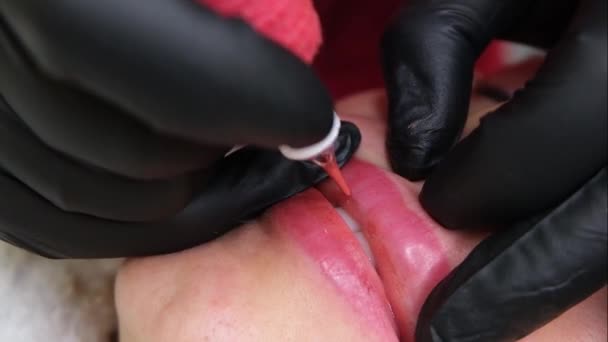 Primer Plano Maquillaje Labial Permanente Tatuaje Labial Hermosos Labios — Vídeos de Stock