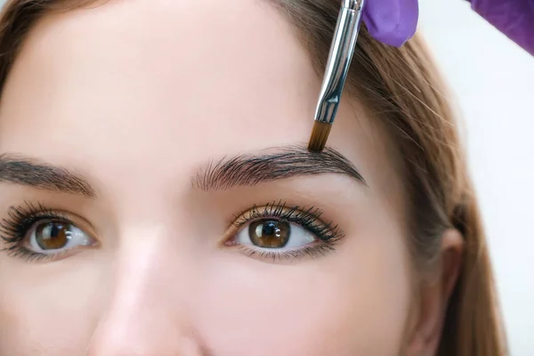 Young woman shaping eyebrows with brush, close up