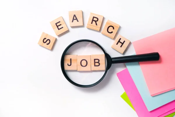 Conceito Busca Emprego Letras Pesquisa Emprego Mesa Muitas Folhas Letras — Fotografia de Stock