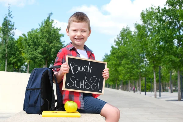 Schooljongen Met Een Bord Zijn Handen Straat Weg Naar School — Stockfoto