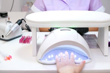 UV lambası jöle cilası manikür süreci. Salon prosedürü. Üstat müşterileri bir şalgam ile kaplıyor.