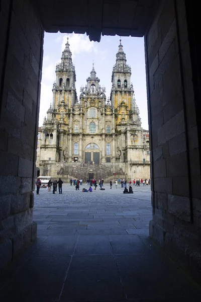 Santiago Compostela Kathedraal Omlijst Schaduwrijke Stenen Boog — Stockfoto