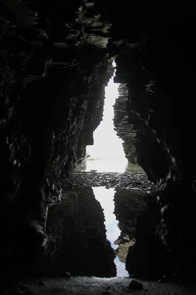 Reflection Water Entrance Cave Formed Sea Catedrais Beach Ribadeo Spain — Stock Photo, Image