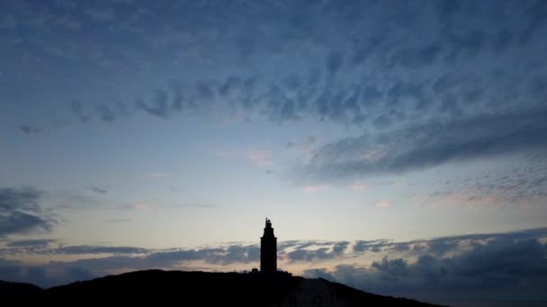 Timelapse Van Toren Van Hecules Bij Zonsondergang Oudste Romeinse Vuurtoren — Stockvideo