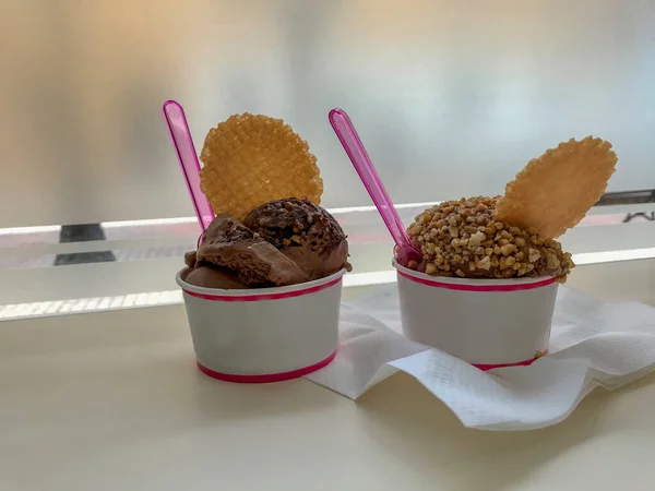 chocolate ice cream in a tub garnished with a crunchy biscuit