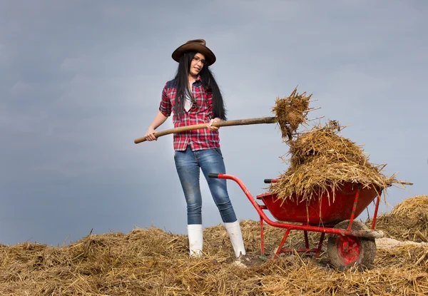 Bonita campesina que trabaja con estiércol animal — Foto de Stock