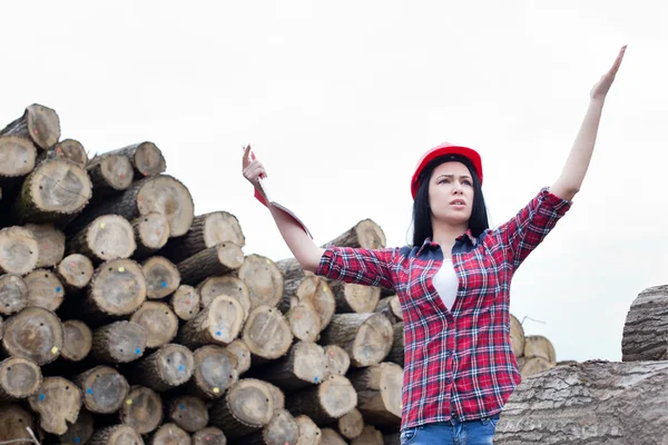 Inżynier kobiece las obok dzienniki — Zdjęcie stockowe