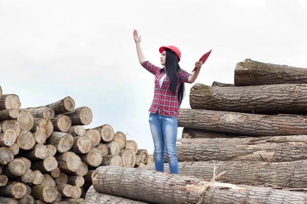 Female forestry engineer beside logs — Stock Photo, Image